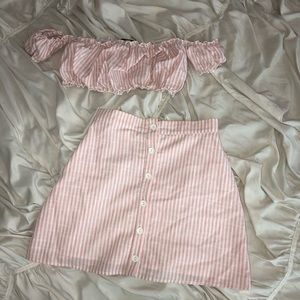 White and pink stripped skirt set
